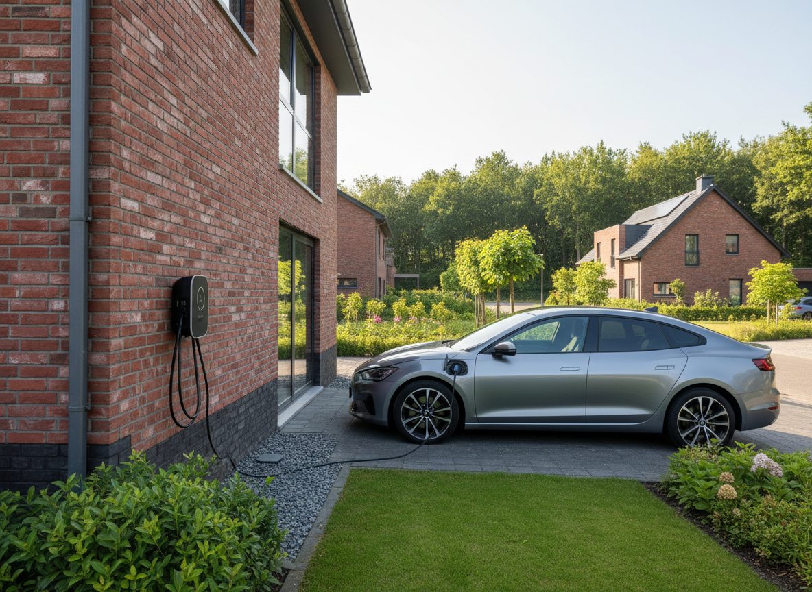 laadpaal installatie bij bakstenen woning in Flandre in de winter