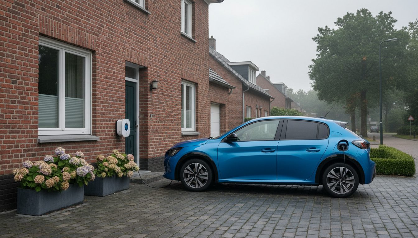 laadpaal installatie bij bakstenen woning in Flandre in de winter