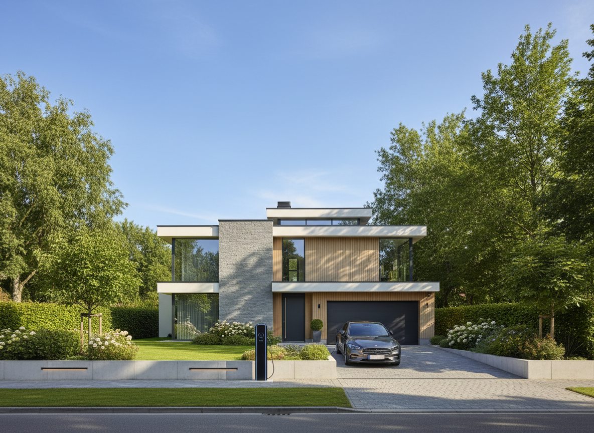 laadpaal installatie bij bakstenen woning in Flandre in de zomer